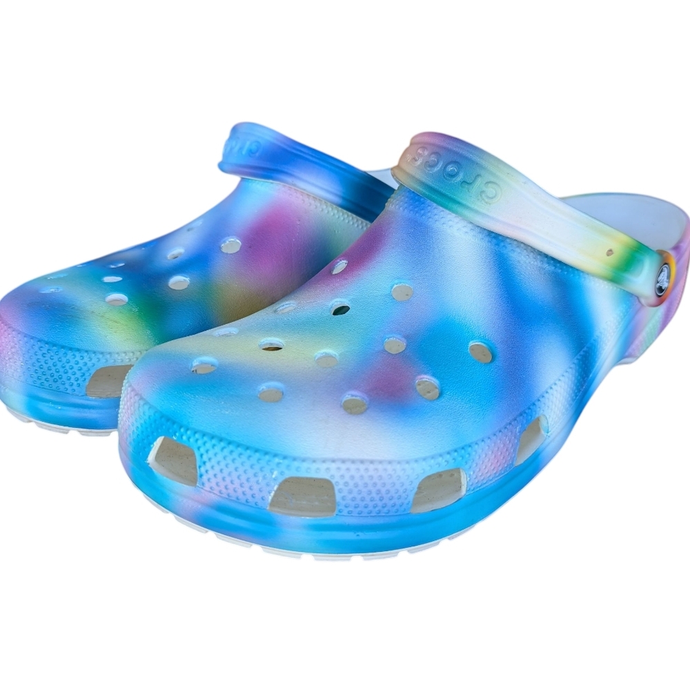 Crocs Rainbow Blue Tie Dye Slides Clogs Comfort Shoes Men's Size 14
